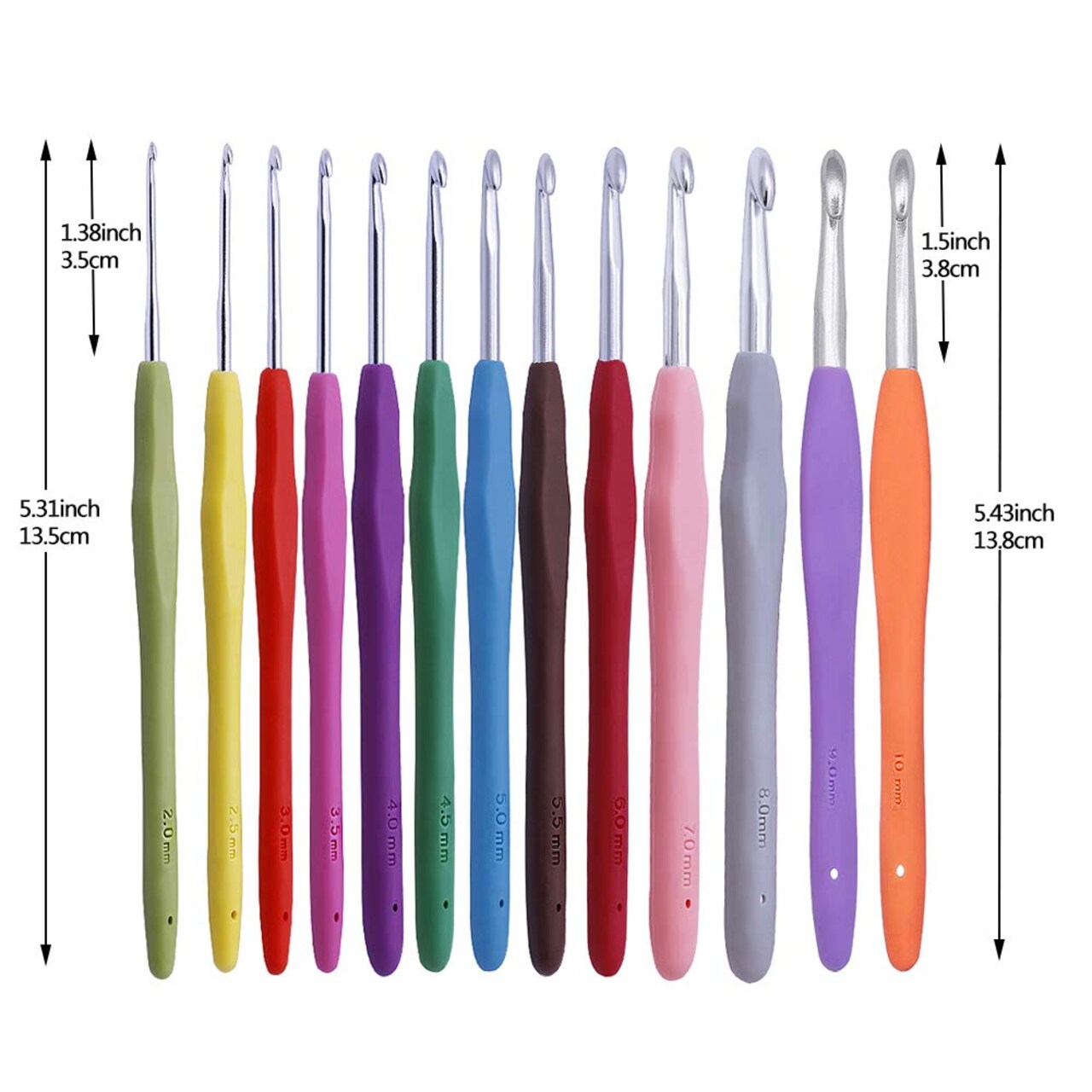 38 Pieces Crochet Hooks Set, 13 Pcs 2mm(b)-10mm(n) Ergonomic Soft Grip Crochet Handles, Crochet Needle with Storage Case, for Arthritic Hands, Extra Long  Knitting Needles